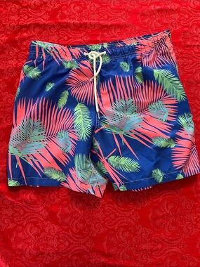 Boardies Tropical Palm Print Swim Trunks Small Navy Blue Coral Green Drawstring